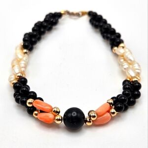 VINTAGE Black Onyx and Coral Beaded Multi-Strand Bracelet